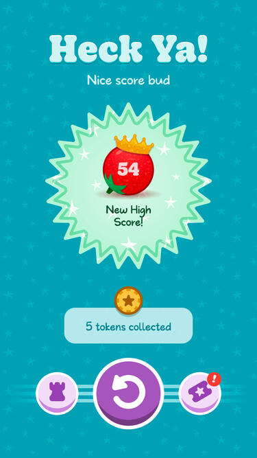 One of several "game over" screens shown after a player falls, recapping their progress, and allowing them to play another round, spend the tokens they've earned, or go select another stage to play.